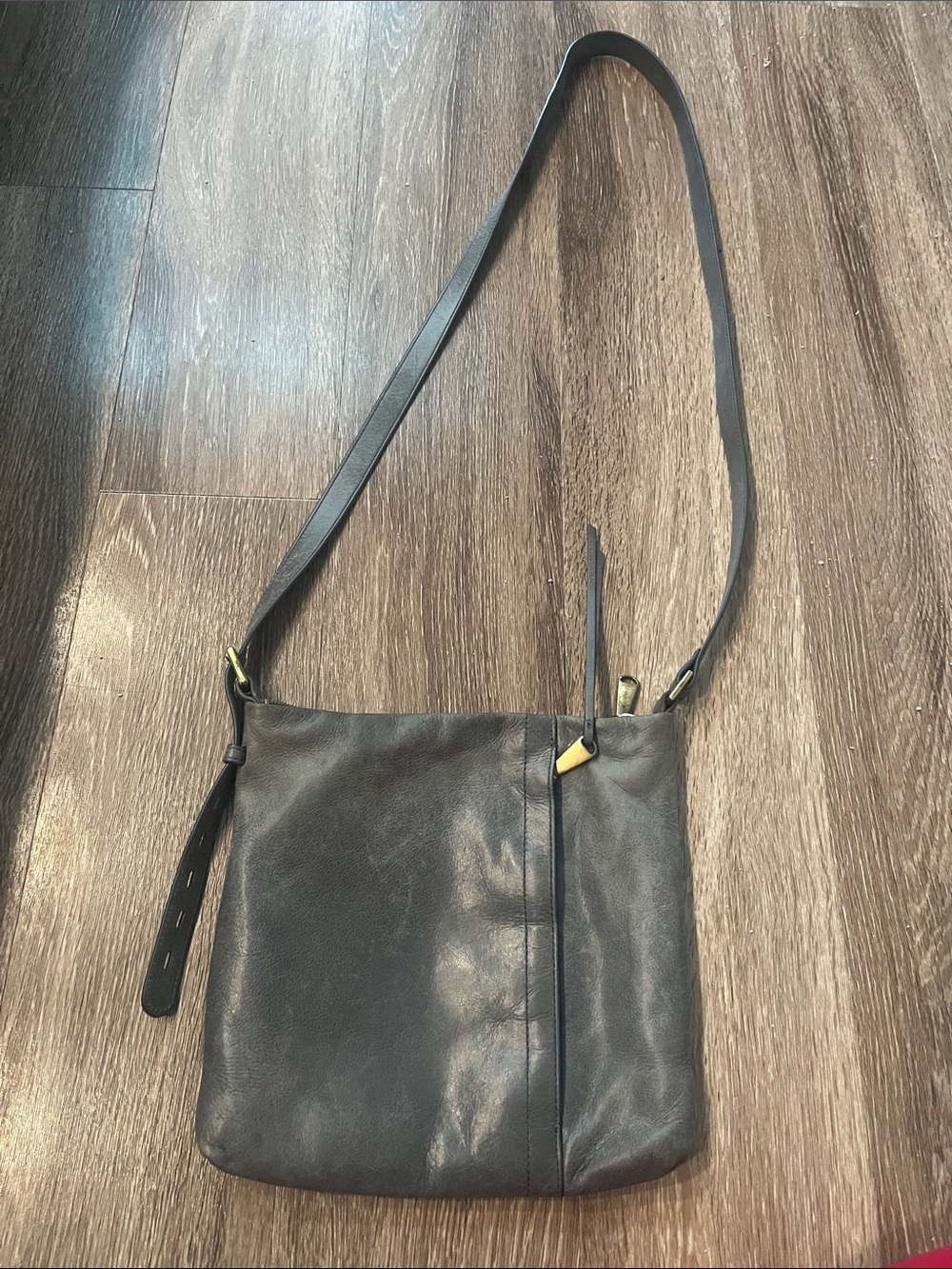 HOBO Gray Leather Crossbody with Subtle Brass Accent
